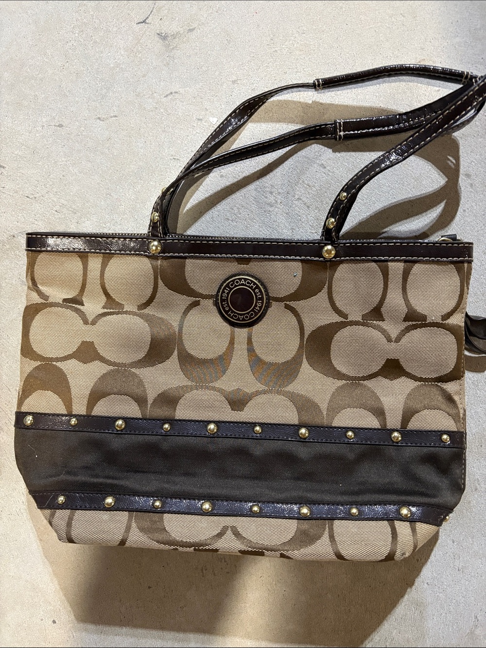 Coach Tan/Khaki Signature Canvas Tote with Dark Brown Trim and Studs